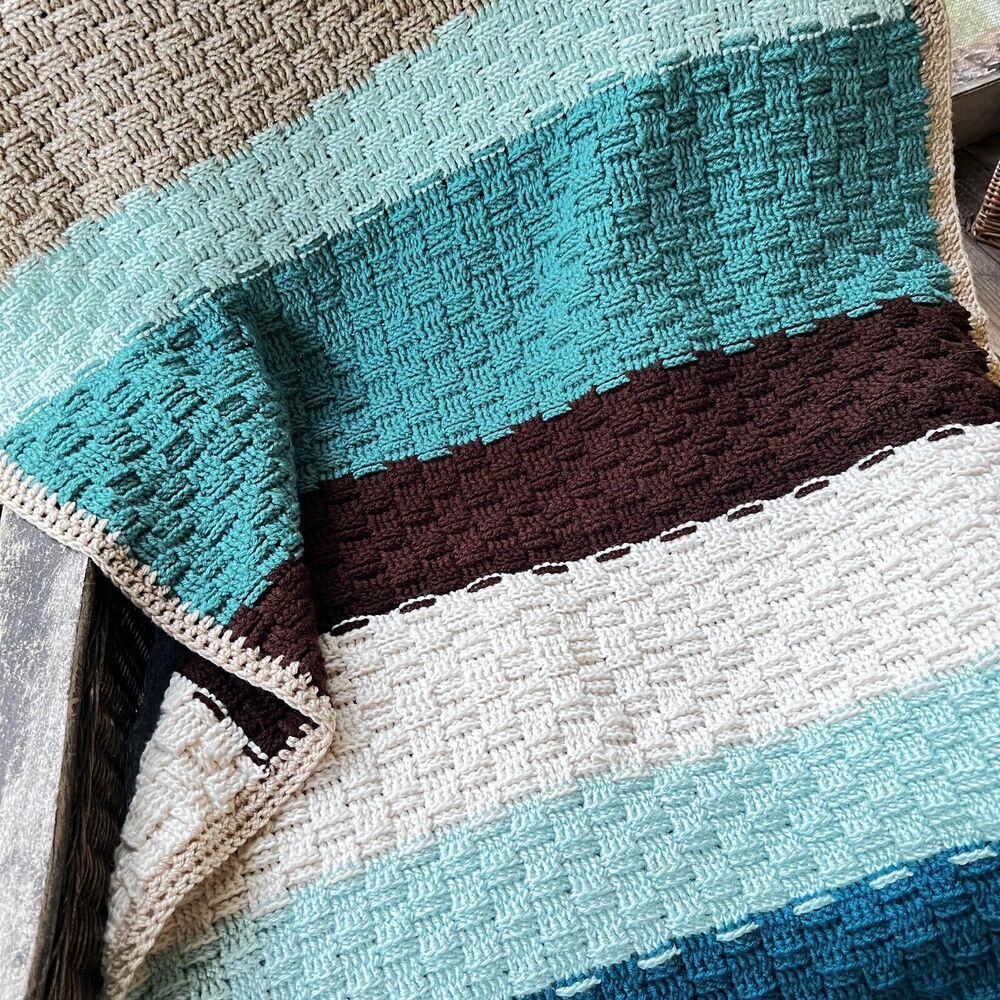 Handmade Afghan Teal Green Tan Crocheted Couch Throw 40" x 57" Modern Home